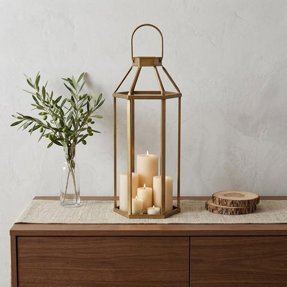 32" Gold Geometric Metal Floor Lantern Candle Holder HomeRoots