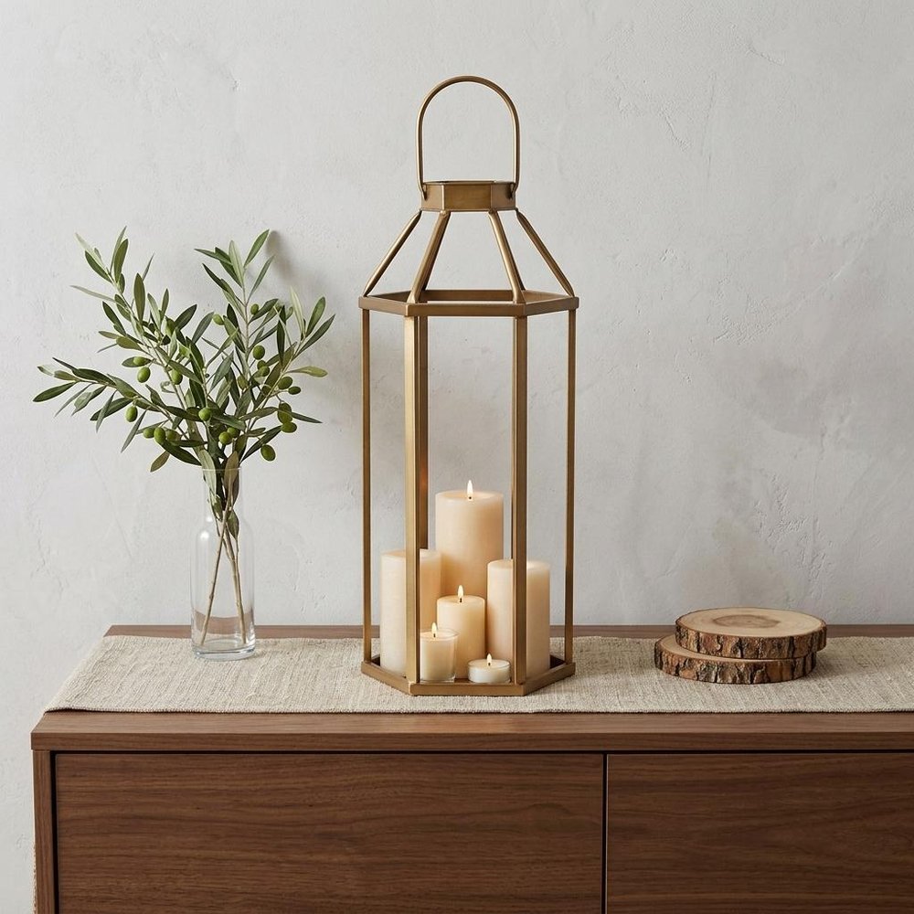 32" Gold Geometric Metal Floor Lantern Candle Holder HomeRoots