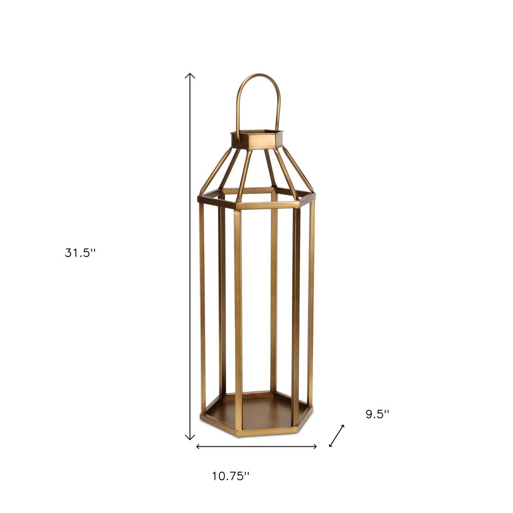 32" Gold Geometric Metal Floor Lantern Candle Holder HomeRoots