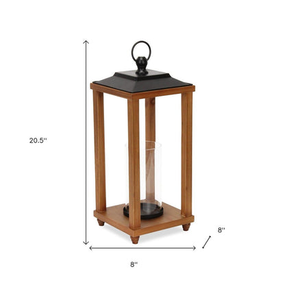 21" Black And Brown Distressed Geometric Metal And Solid Wood Tabletop Lantern Candle Holder HomeRoots