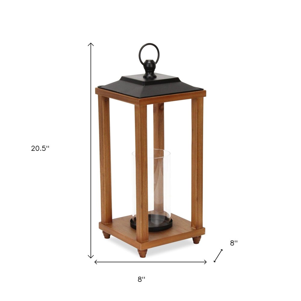 21" Black And Brown Distressed Geometric Metal And Solid Wood Tabletop Lantern Candle Holder — view 1