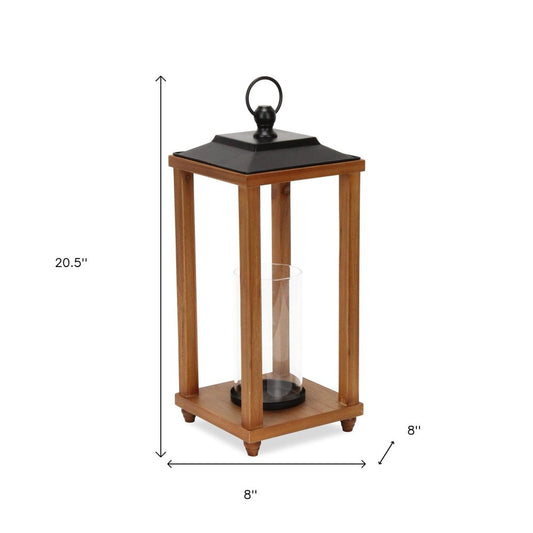 21" Black And Brown Distressed Geometric Metal And Solid Wood Tabletop Lantern Candle Holder HomeRoots