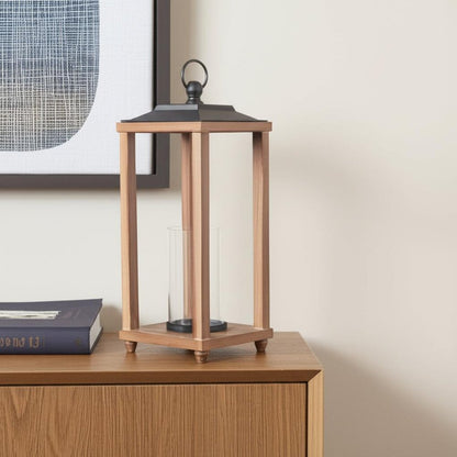21" Black And Brown Distressed Geometric Metal And Solid Wood Tabletop Lantern Candle Holder HomeRoots
