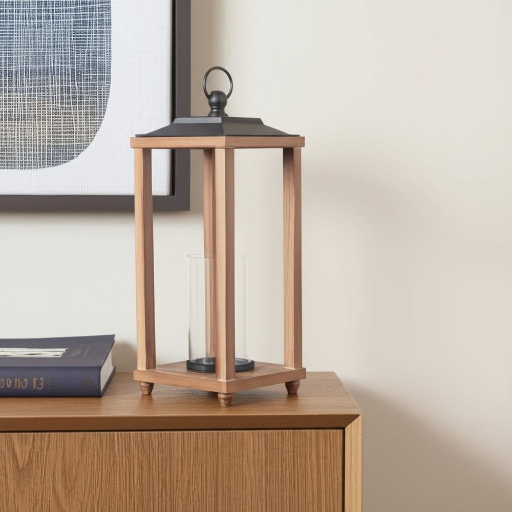 21" Black And Brown Distressed Geometric Metal And Solid Wood Tabletop Lantern Candle Holder — view 2