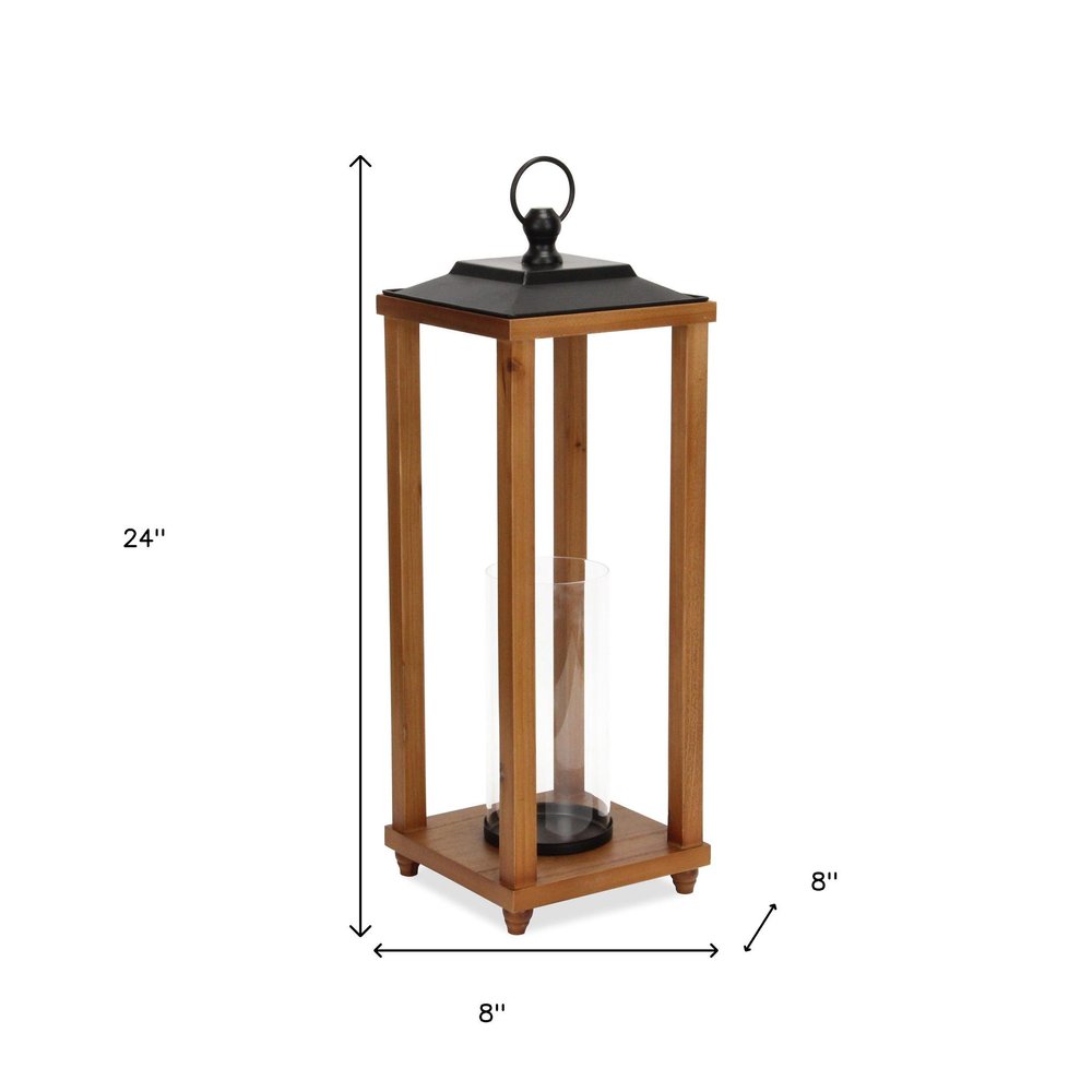 24" Black And Brown Distressed Geometric Metal And Solid Wood Floor Lantern Candle Holder — view 2