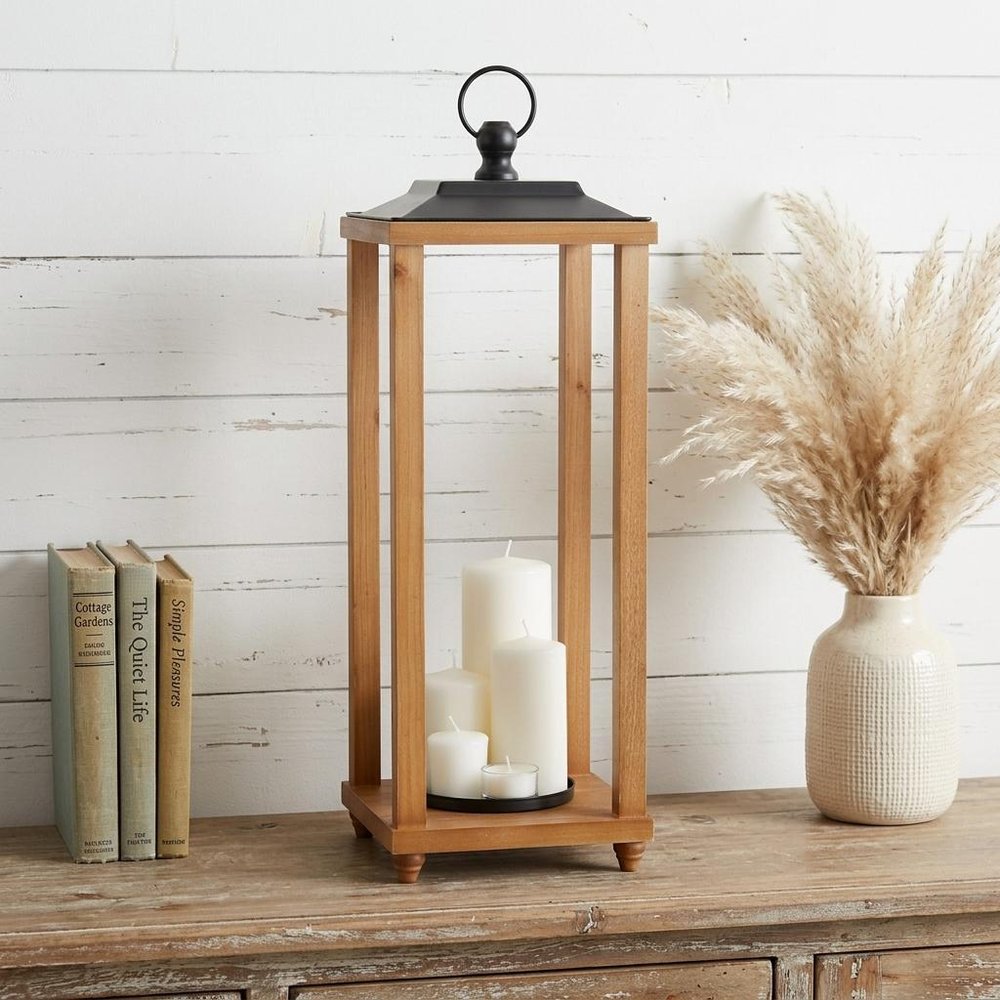 24" Black And Brown Distressed Geometric Metal And Solid Wood Floor Lantern Candle Holder HomeRoots