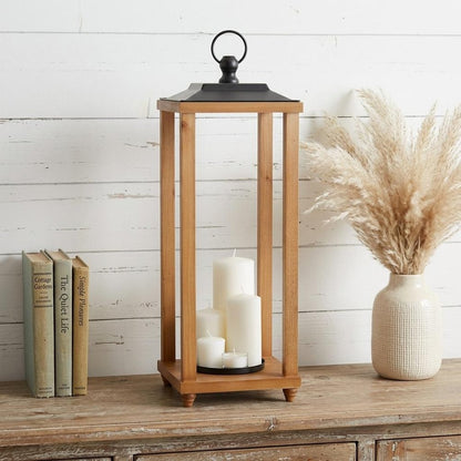 24" Black And Brown Distressed Geometric Metal And Solid Wood Floor Lantern Candle Holder HomeRoots