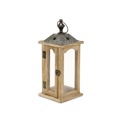 16" Natural And Gray Geometric Metal And Solid Wood Tabletop Lantern Candle Holder HomeRoots