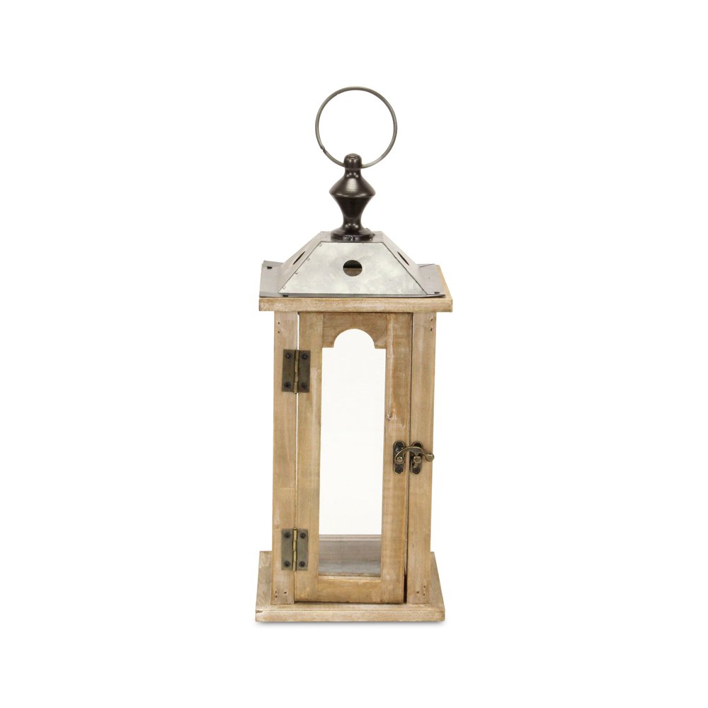 16" Natural And Gray Geometric Metal And Solid Wood Tabletop Lantern Candle Holder HomeRoots