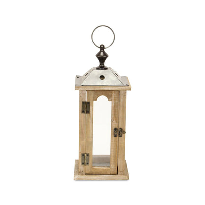 16" Natural And Gray Geometric Metal And Solid Wood Tabletop Lantern Candle Holder HomeRoots