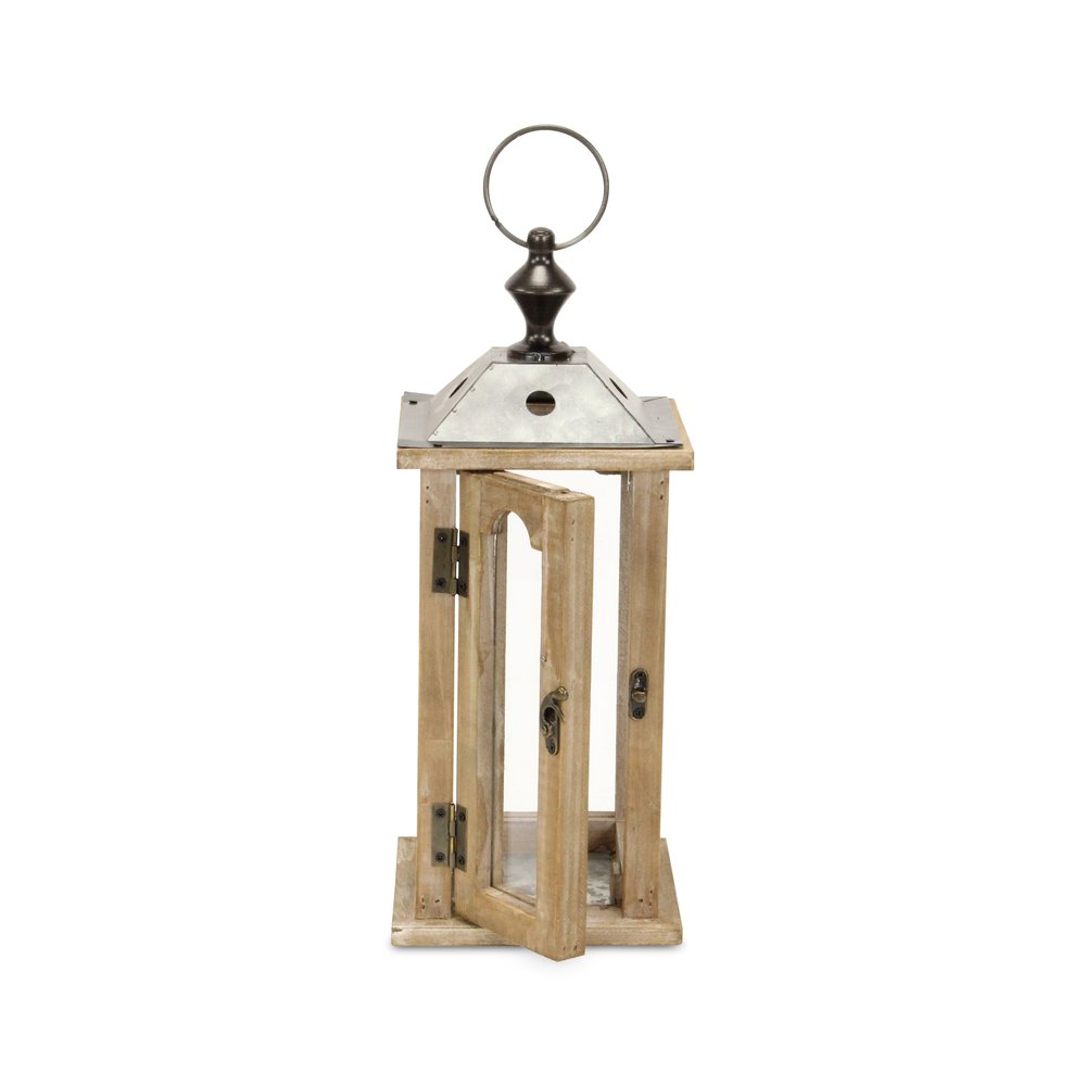 16" Natural And Gray Geometric Metal And Solid Wood Tabletop Lantern Candle Holder HomeRoots