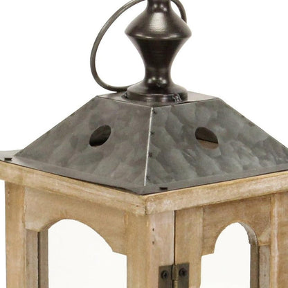 16" Natural And Gray Geometric Metal And Solid Wood Tabletop Lantern Candle Holder HomeRoots