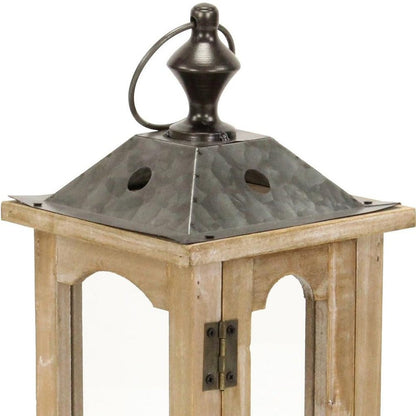 16" Natural And Gray Geometric Metal And Solid Wood Tabletop Lantern Candle Holder HomeRoots