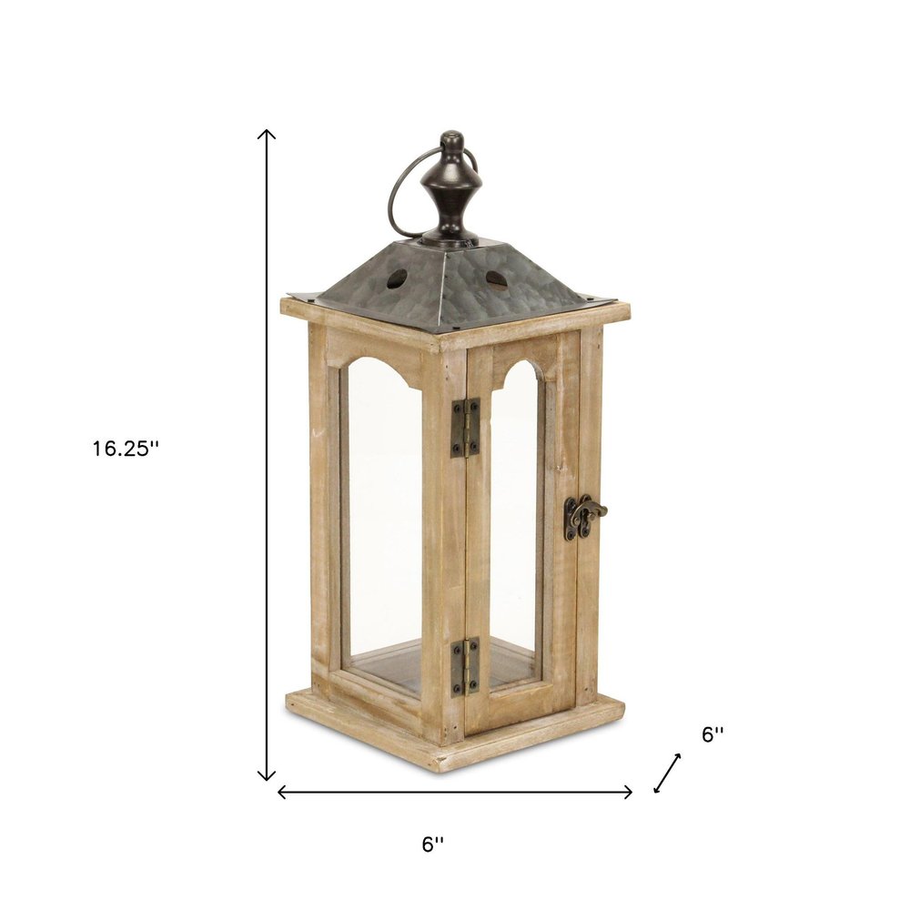 16" Natural And Gray Geometric Metal And Solid Wood Tabletop Lantern Candle Holder HomeRoots