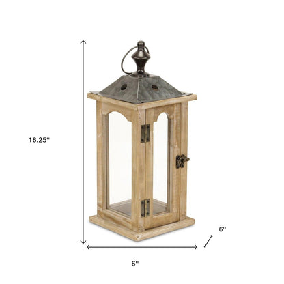 16" Natural And Gray Geometric Metal And Solid Wood Tabletop Lantern Candle Holder HomeRoots