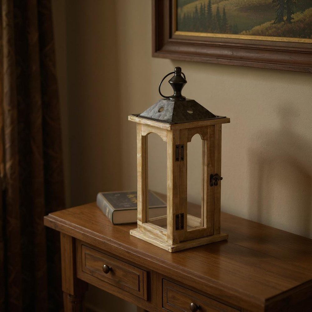 16" Natural And Gray Geometric Metal And Solid Wood Tabletop Lantern Candle Holder HomeRoots