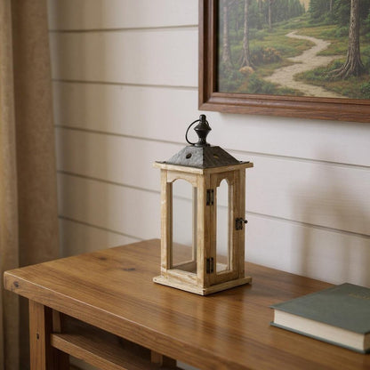 16" Natural And Gray Geometric Metal And Solid Wood Tabletop Lantern Candle Holder HomeRoots