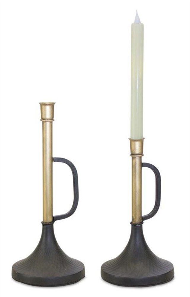 Set of Two Black And Gold Distressed Metal Tabletop Taper Candlesticks HomeRoots