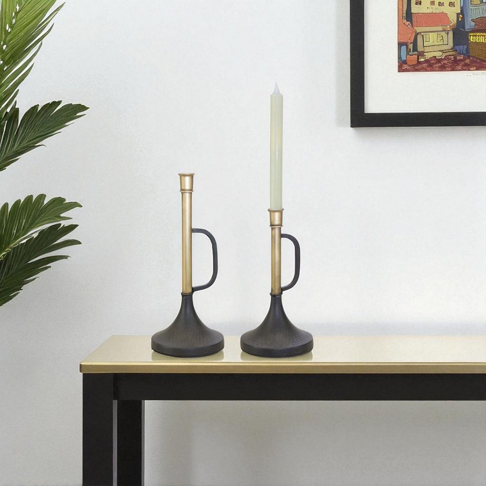 Set of Two Black And Gold Distressed Metal Tabletop Taper Candlesticks HomeRoots