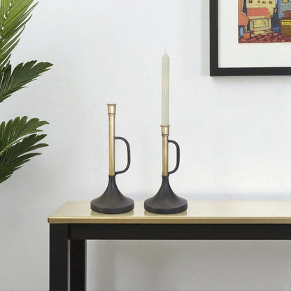 Set of Two Black And Gold Distressed Metal Tabletop Taper Candlesticks HomeRoots