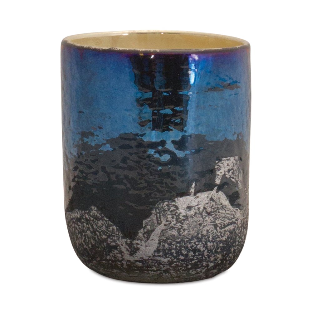 5" Navy Blue And Silver Abstract Glass Tabletop Pillar Candle Holder HomeRoots