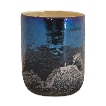 5" Navy Blue And Silver Abstract Glass Tabletop Pillar Candle Holder HomeRoots