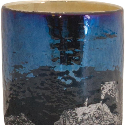 5" Navy Blue And Silver Abstract Glass Tabletop Pillar Candle Holder HomeRoots
