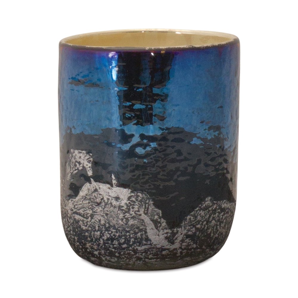 5" Navy Blue And Silver Abstract Glass Tabletop Pillar Candle Holder HomeRoots