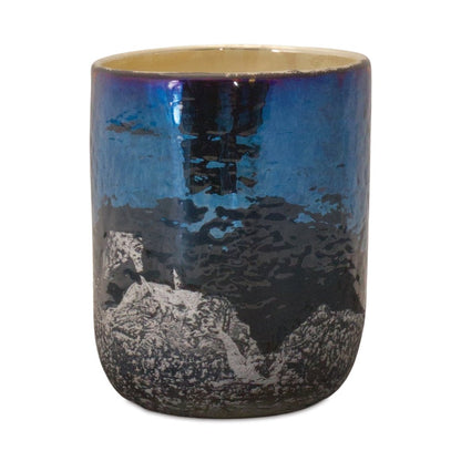 5" Navy Blue And Silver Abstract Glass Tabletop Pillar Candle Holder HomeRoots