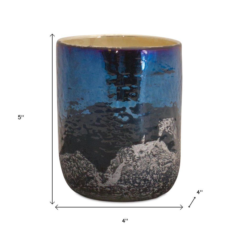 5" Navy Blue And Silver Abstract Glass Tabletop Pillar Candle Holder HomeRoots