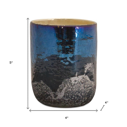 5" Navy Blue And Silver Abstract Glass Tabletop Pillar Candle Holder HomeRoots