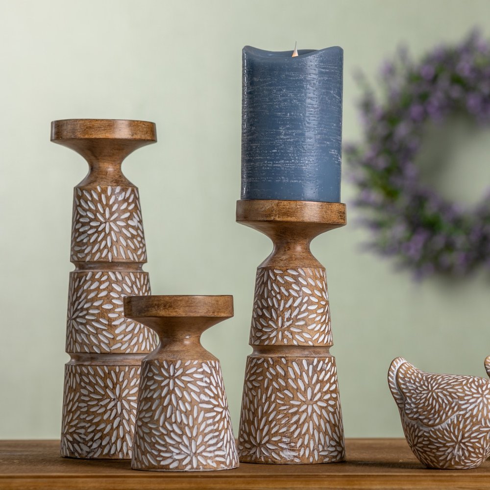 Set of Three Brown And White Distressed Floral Resin Tabletop Pillar Candle Holders HomeRoots