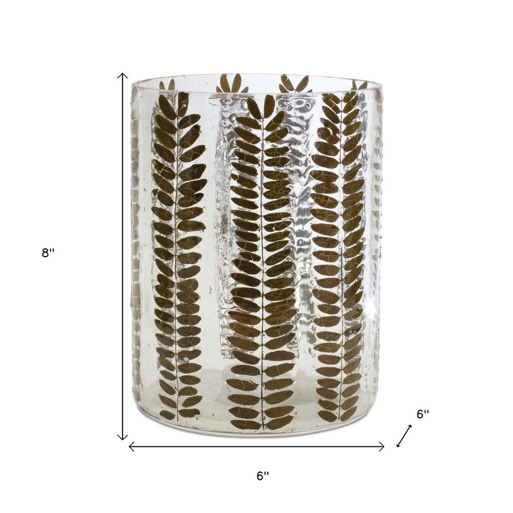 8" Clear And Green Botanical Leaf Glass Tabletop Pillar Candle Holder HomeRoots