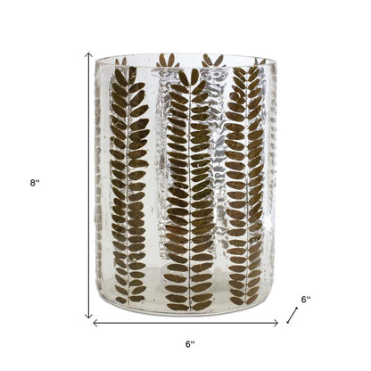 8" Clear And Green Botanical Leaf Glass Tabletop Pillar Candle Holder HomeRoots