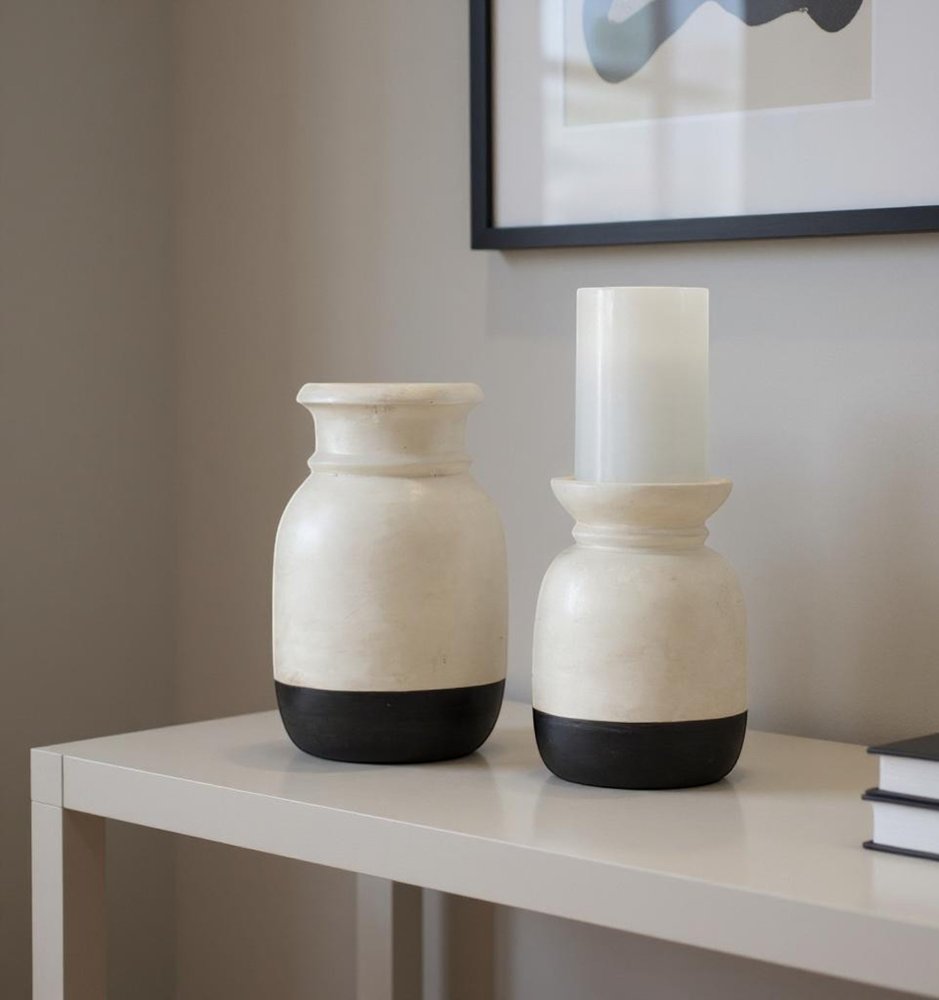 Set of Two Cream And Black Distressed Ceramic Tabletop Pillar Candle Holders HomeRoots