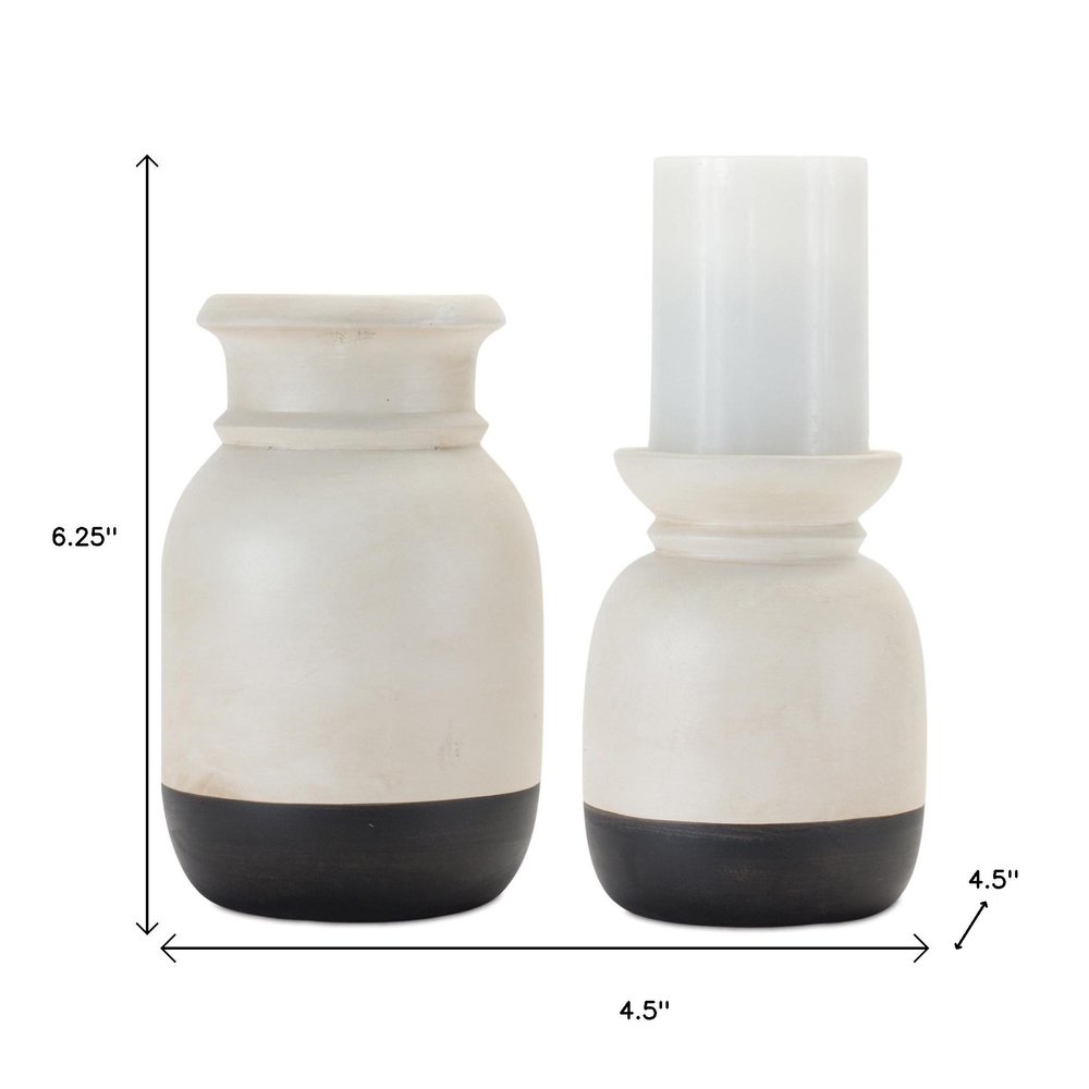 Set of Two Cream And Black Distressed Ceramic Tabletop Pillar Candle Holders HomeRoots