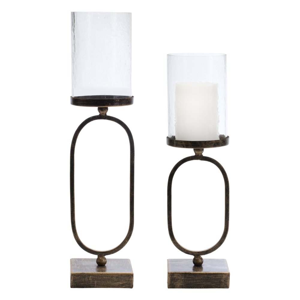 Set of Two Antiqued Bronze Geometric Glass And Metal Tabletop Hurricane Candle Holders HomeRoots