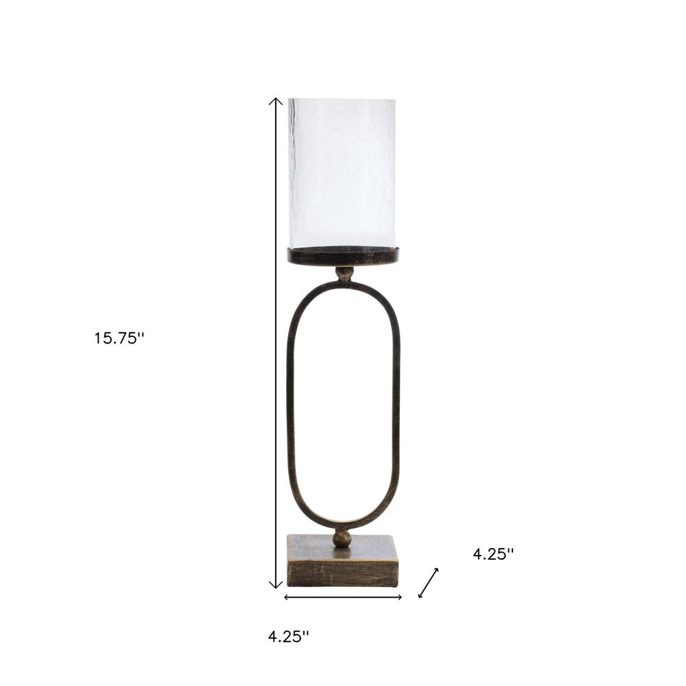 Set of Two Antiqued Bronze Geometric Glass And Metal Tabletop Hurricane Candle Holders HomeRoots