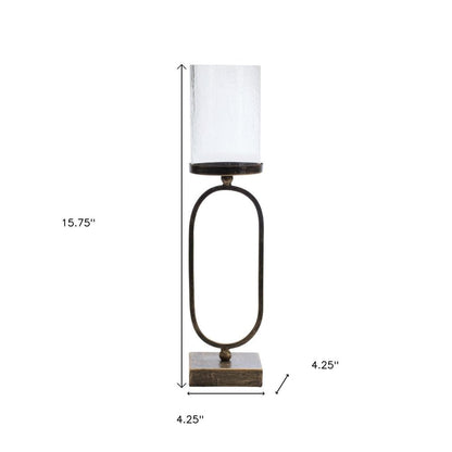 Set of Two Antiqued Bronze Geometric Glass And Metal Tabletop Hurricane Candle Holders HomeRoots