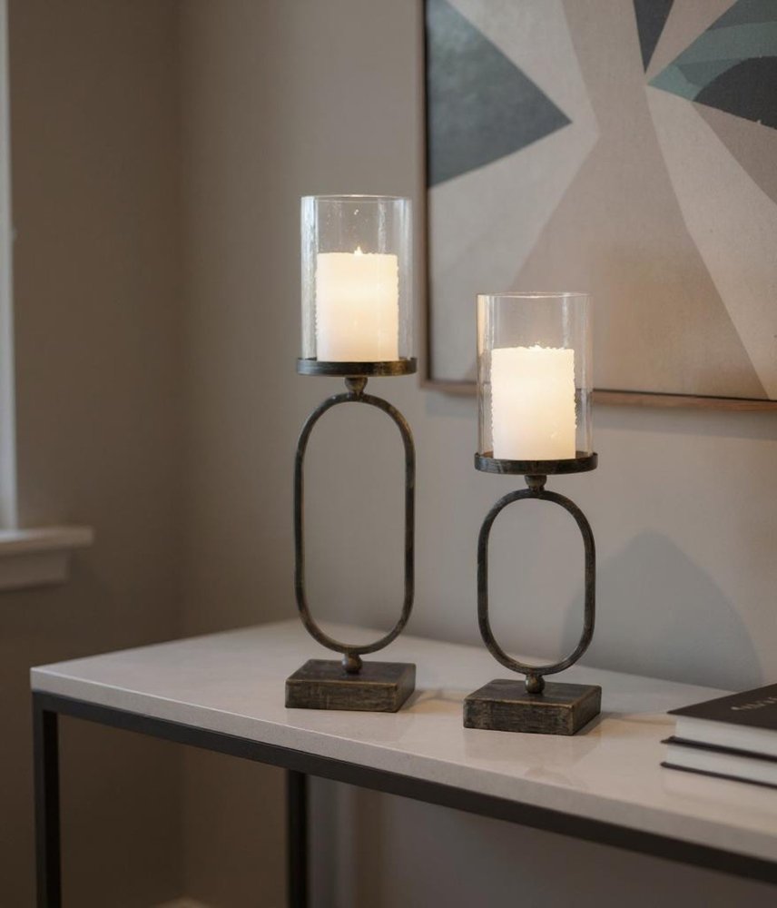 Set of Two Antiqued Bronze Geometric Glass And Metal Tabletop Hurricane Candle Holders HomeRoots