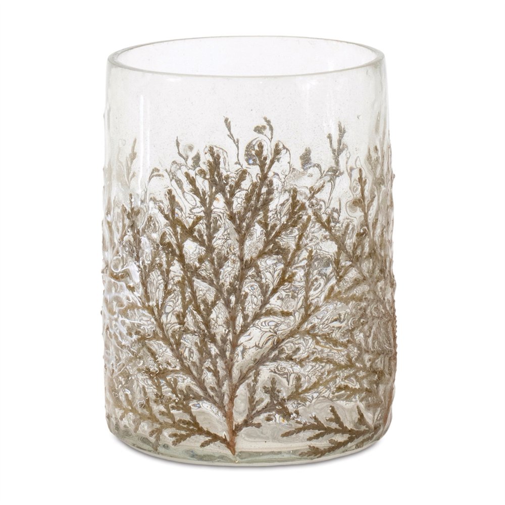 Set of Three Brown And Clear Botanical Leaf Glass Tabletop Votive Candle Holders HomeRoots