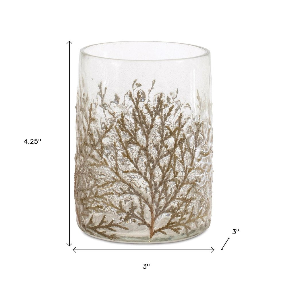 Set of Three Brown And Clear Botanical Leaf Glass Tabletop Votive Candle Holders HomeRoots
