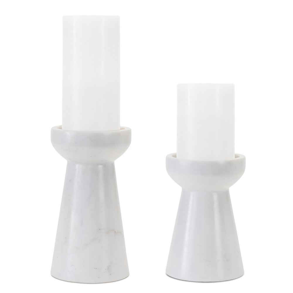 Set of Two White And Gray Marble Tabletop Pillar Candle Holders HomeRoots