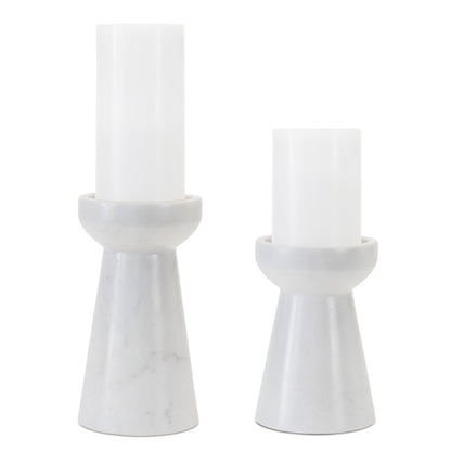 Set of Two White And Gray Marble Tabletop Pillar Candle Holders HomeRoots
