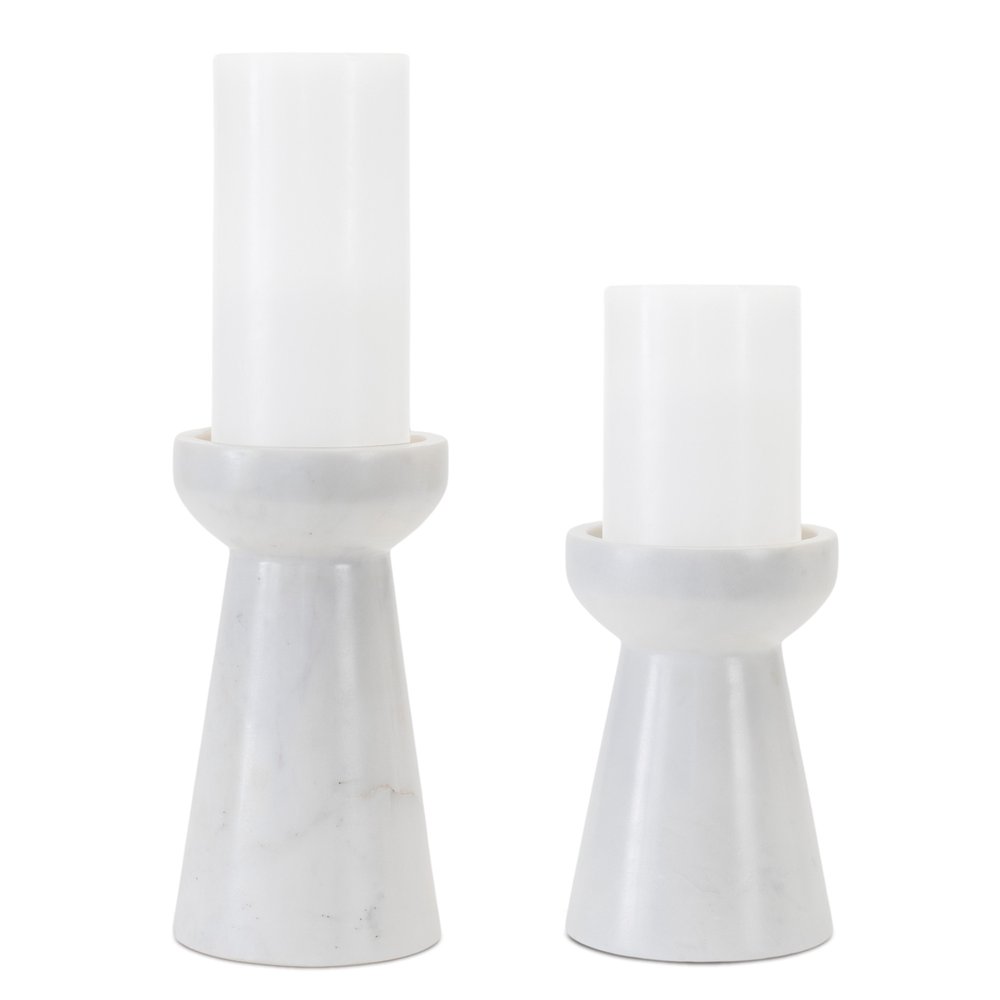 Set of Two White And Gray Marble Tabletop Pillar Candle Holders HomeRoots