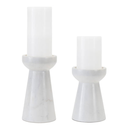Set of Two White And Gray Marble Tabletop Pillar Candle Holders HomeRoots