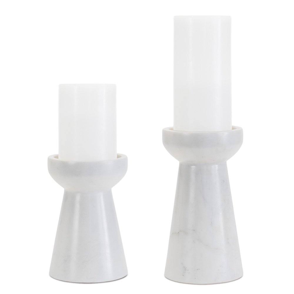 Set of Two White And Gray Marble Tabletop Pillar Candle Holders HomeRoots