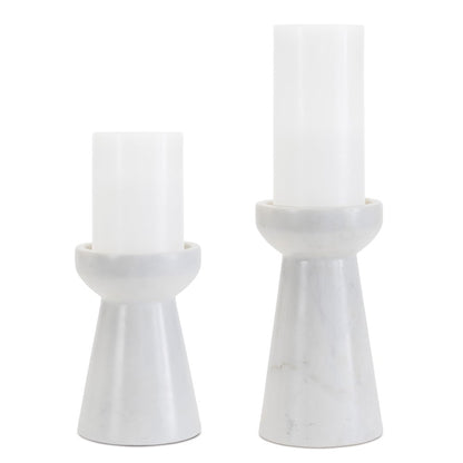 Set of Two White And Gray Marble Tabletop Pillar Candle Holders HomeRoots