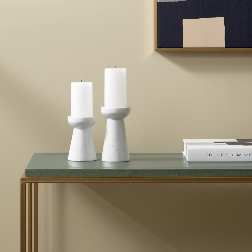 Set of Two White And Gray Marble Tabletop Pillar Candle Holders HomeRoots