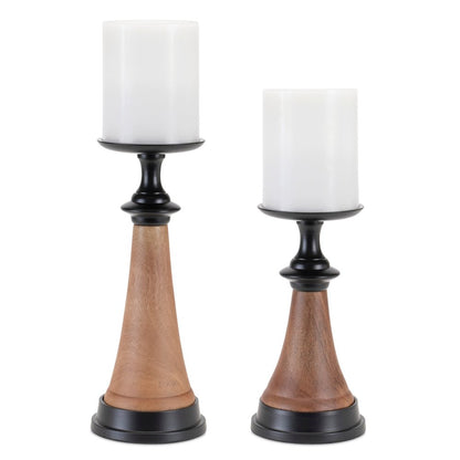Set of Two Black And Brown Metal And Solid Wood Tabletop Pillar Candle Holders HomeRoots